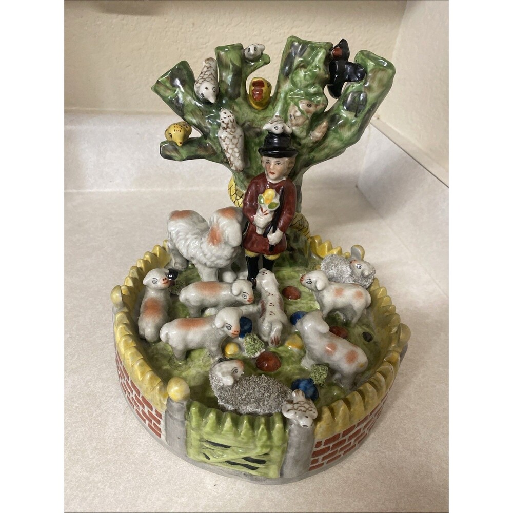 Vtg Staffordshire Style Spill Vase Shepherd, Sheepdog, Sheep, Birds, Tree 8.25"H